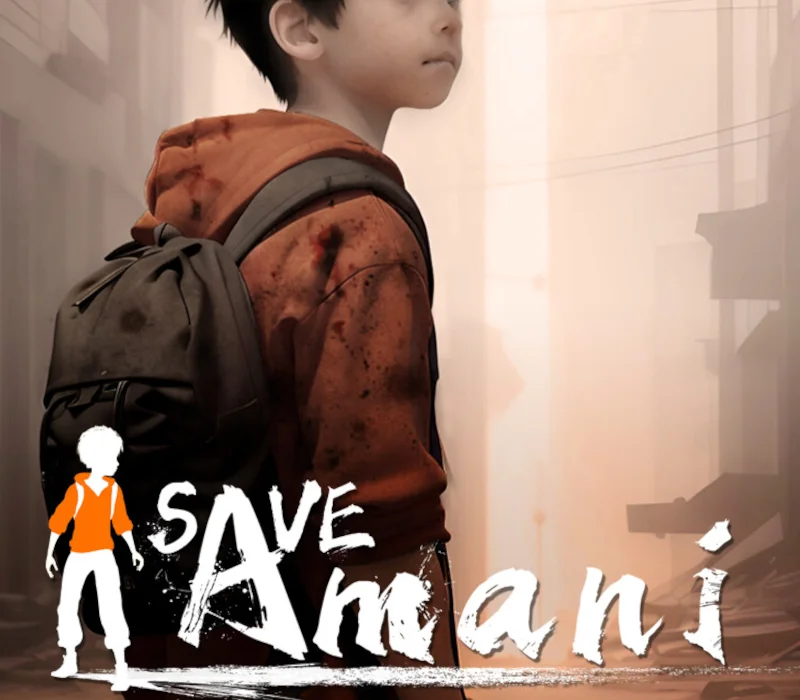 Boy in profile with short dark hair, stained orange hoodie and dark backpack, SAVE Amani title and orange silhouette