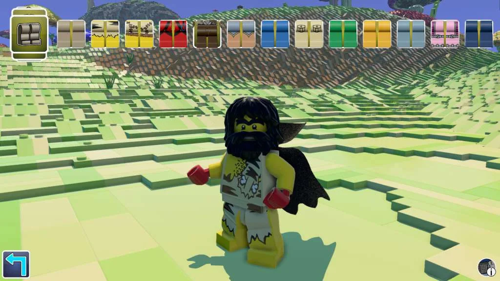 Bearded minifigure in a tattered tunic and black cape stands on pale green brick terraces with a clothing-colour picker along the top