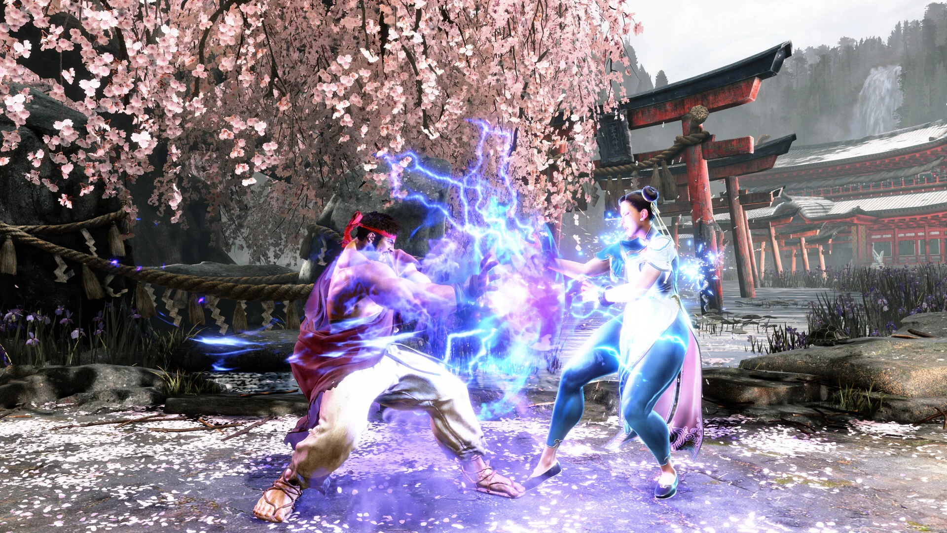Barefoot Ryu in a red gi trades ki with Chun-Li in blue under a blossoming tree and shrine gate