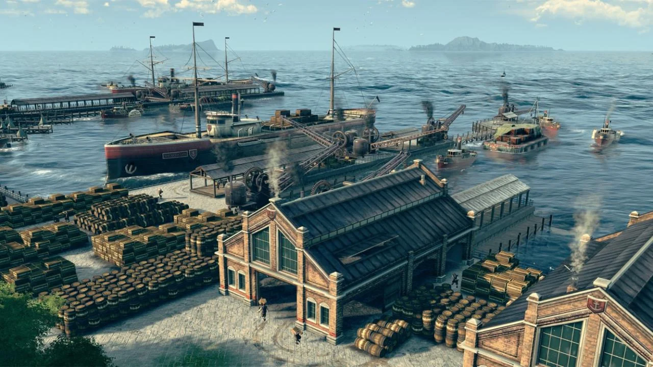 Brick warehouses stacked with barrels beside a loading dock, a black-and-red steamship taking cargo while smaller boats wait offshore