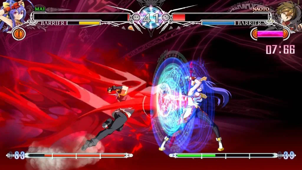 Mai thrown across a red field, Naoto in white inside a blue magic circle, timer 07:66, BARRIER bars on the HUD