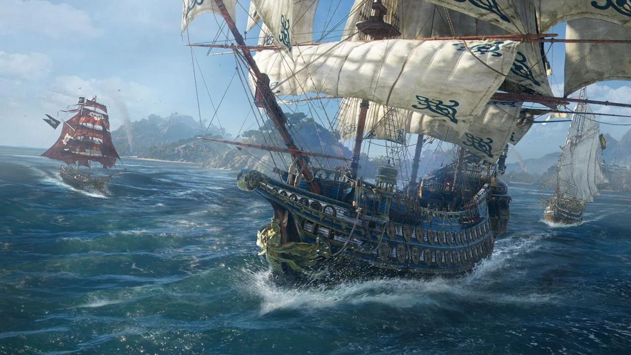 Blue hull with gold trim and green-patterned white sails driving past a red pirate ship toward rocky tropical islands