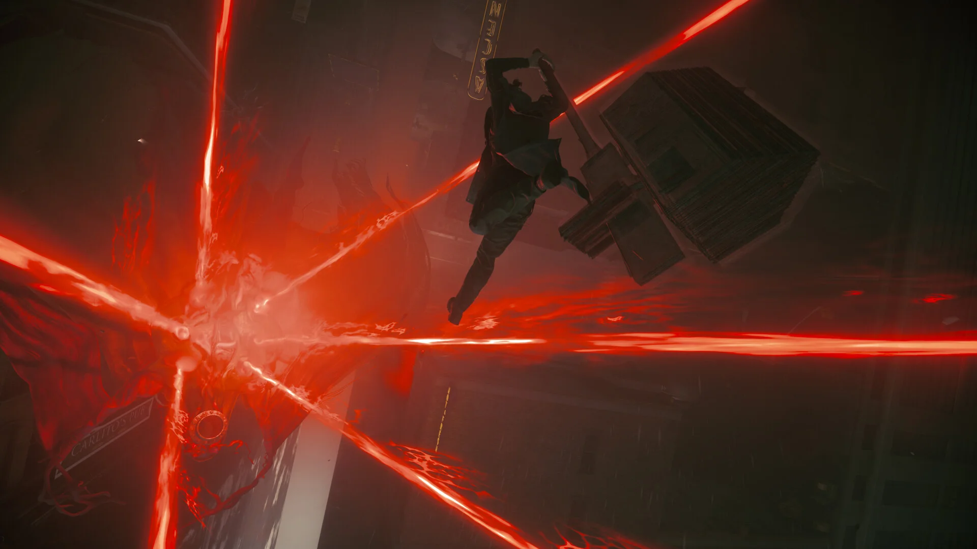 A coated figure falls through red beams above a dark city and a floating block of buildings