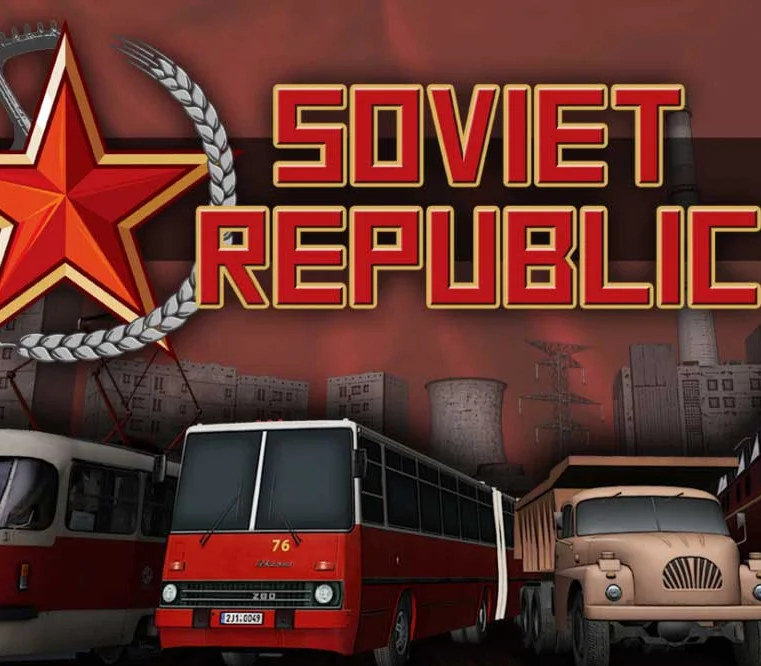 Soviet Republic cover, red star in a wheat wreath, cream title, red articulated bus 76 and a beige dump truck under factory chimneys