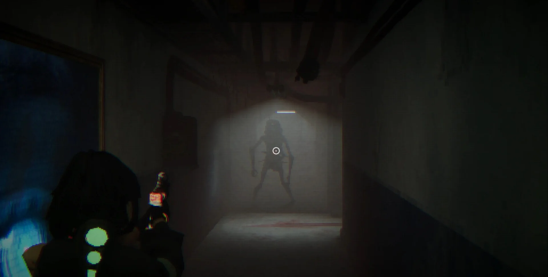 First-person corridor: pistol with a cyan display aimed at a lanky creature under a hanging fluorescent tube