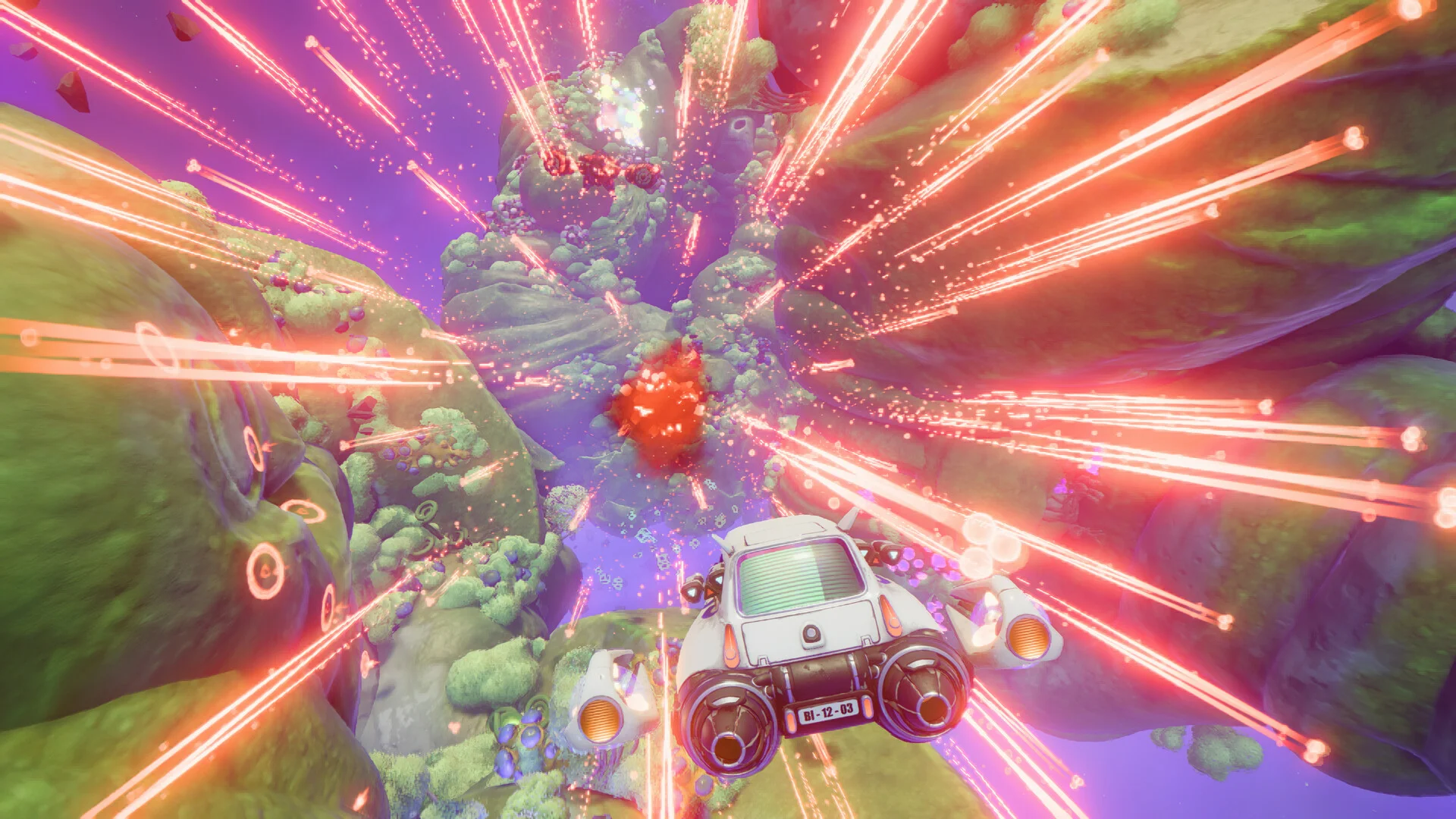 White car racing through a green canyon while orange lasers radiate from a red core