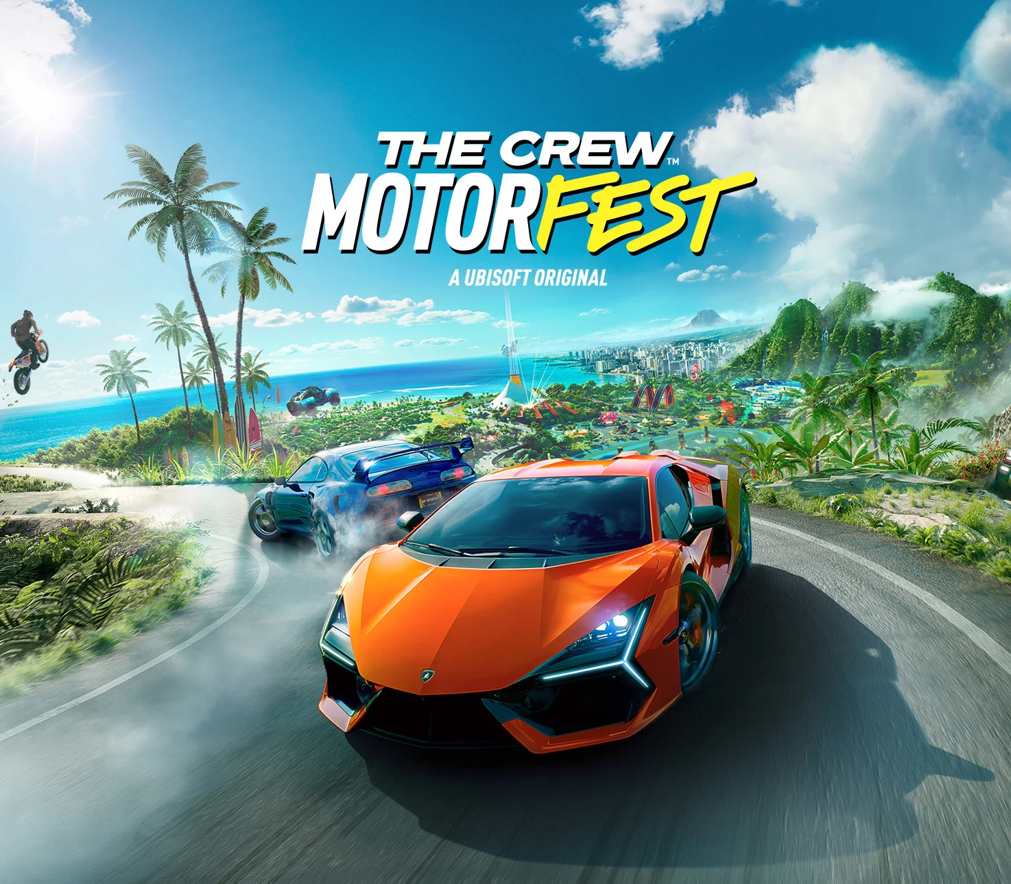 Cover: orange supercar and blue coupe race a coastal Hawaiian highway under The Crew Motorfest title, a dirt bike jumping palms toward a city bay