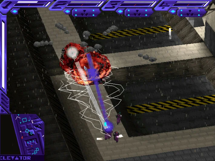 Isometric city street with a red-marked agent and a blue cursor.
