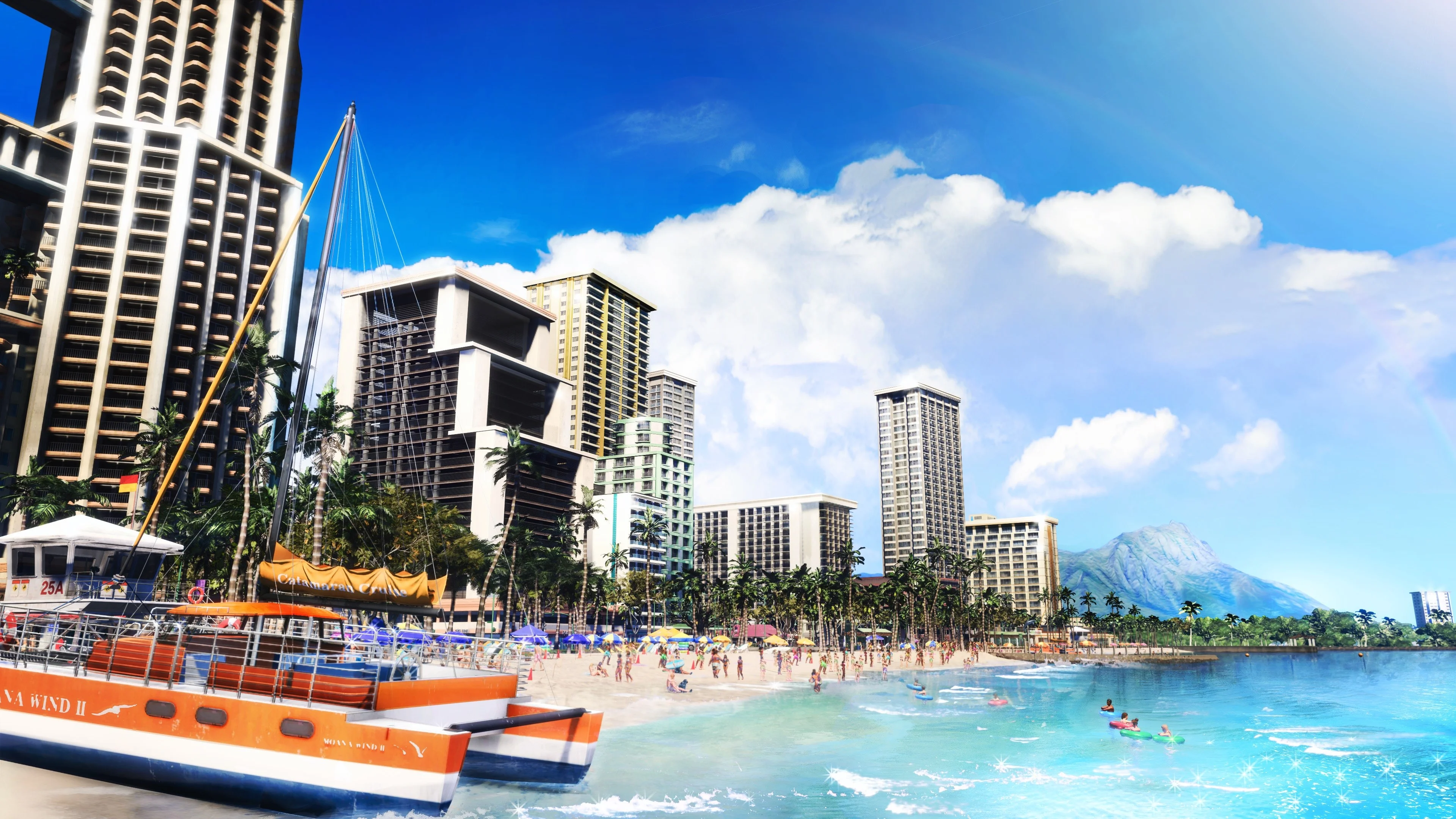 Honolulu beach with an orange catamaran, hotels, and Diamond Head on the skyline