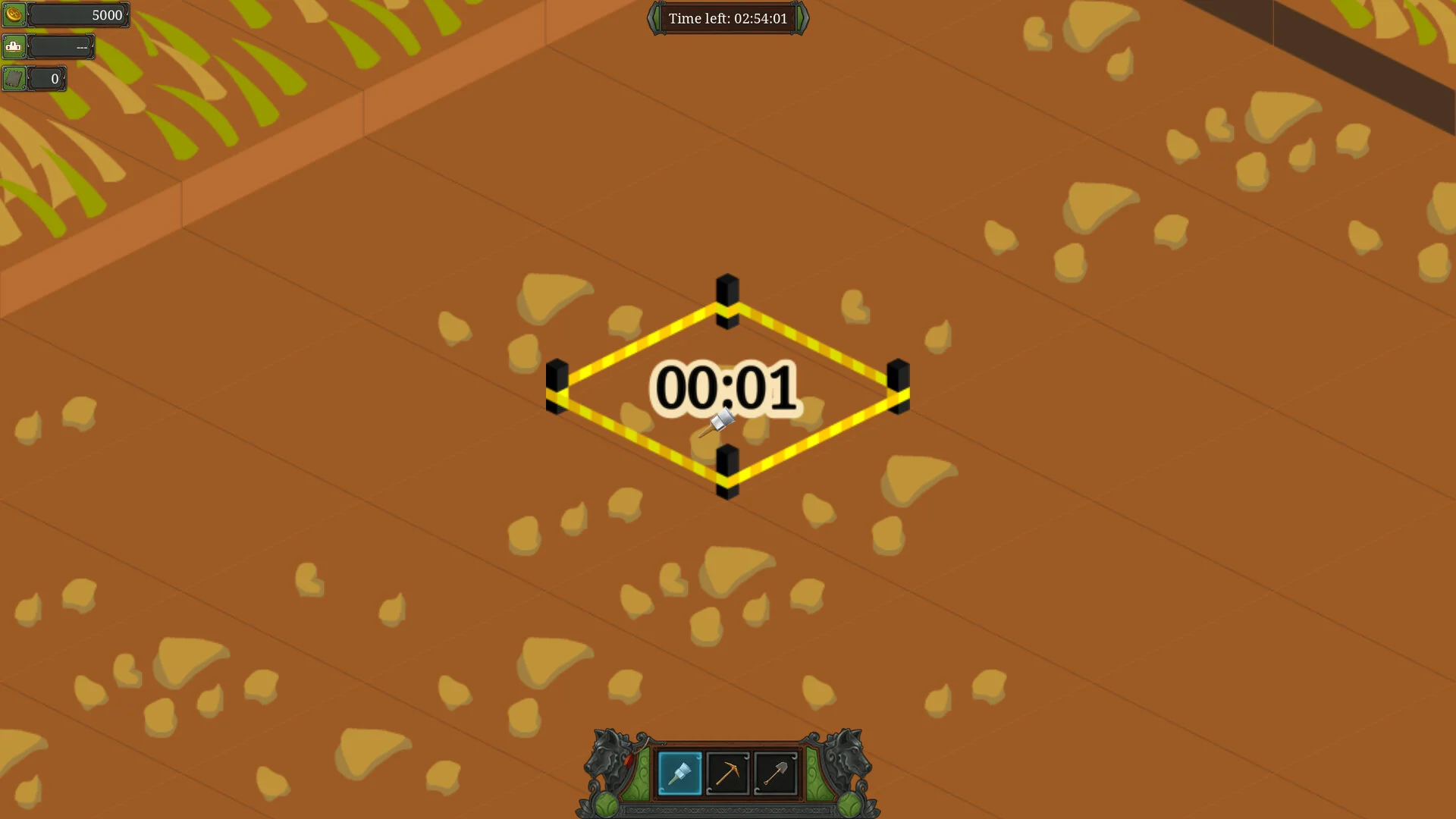 Brown dirt square, yellow diamond timer 00:01, brush pickaxe shovel bar, Time left 02:54:01