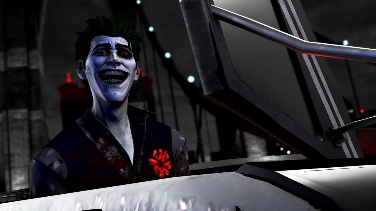 Joker grinning on a Gotham bridge in Telltale Batman