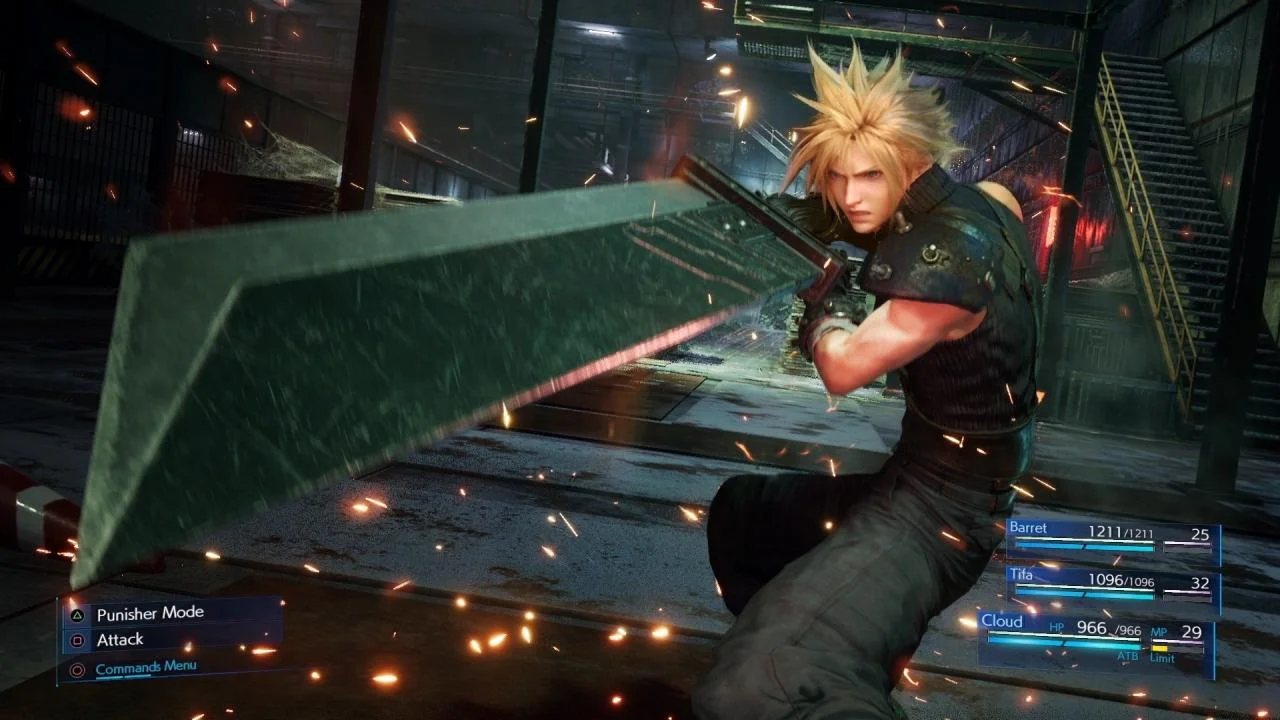 Cloud swinging the Buster Sword through sparks on a steel warehouse floor