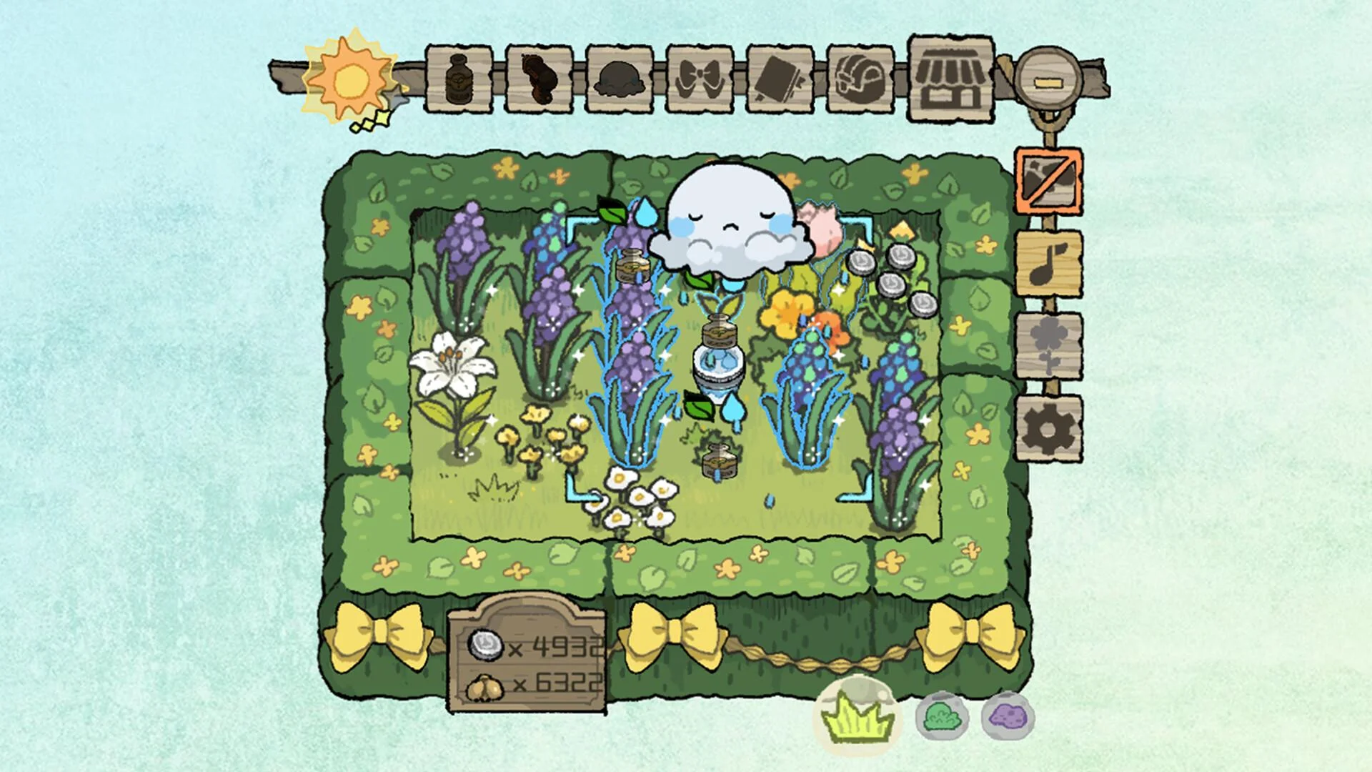 White garden companion among blue and purple flowers beneath the sun