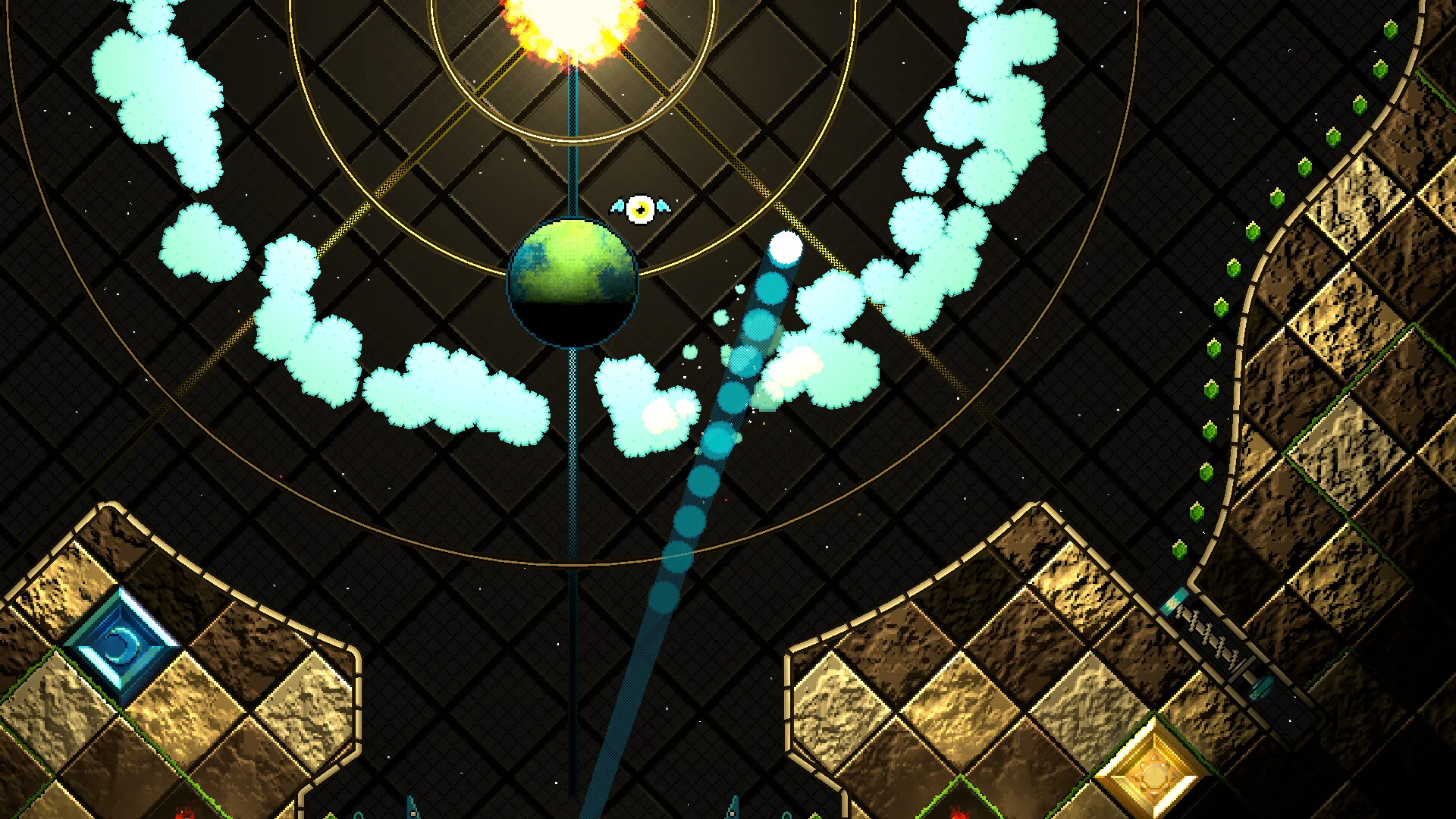 Orbital table: earth-like planet, cyan cloud rings, shooting star and gold side bumpers