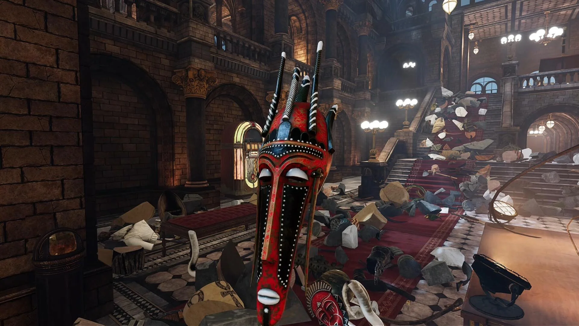 Red and black African mask held amid rubble in the museum grand staircase hall