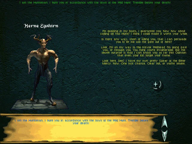 Dialogue with Herne Egahirn: Wild Hunt text, Spear of the Bitter Mercy, yellow reply list
