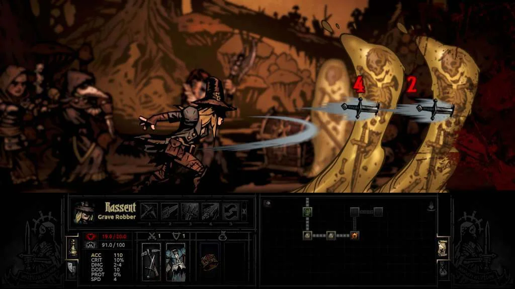 Darkest Dungeon Xbox turn-based party fight in a ruined crypt