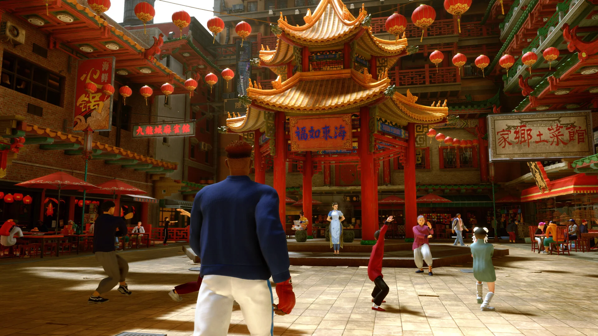 Wide Chinese courtyard with a gold-roofed pavilion, red lanterns, and an avatar watching a morning drill