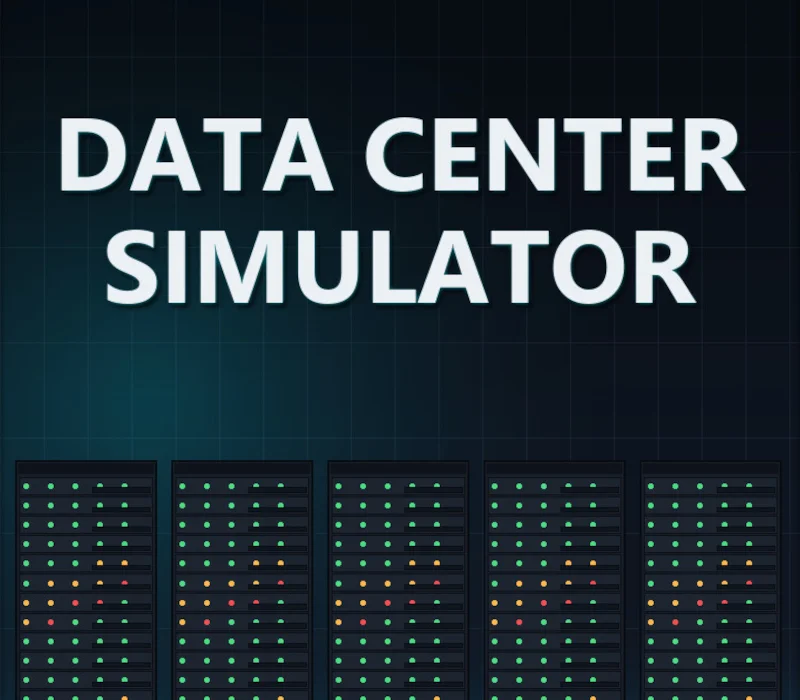 DATA CENTER SIMULATOR in large white letters above five dark server cabinets dotted with green, amber and red status LEDs on a teal grid
