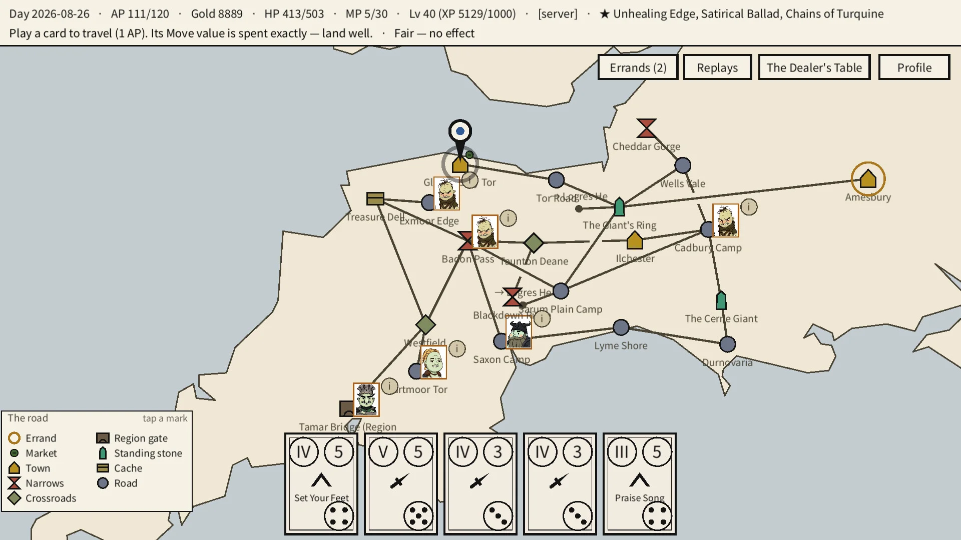 Southwest Britain route map around Glastonbury and Amesbury with five cards