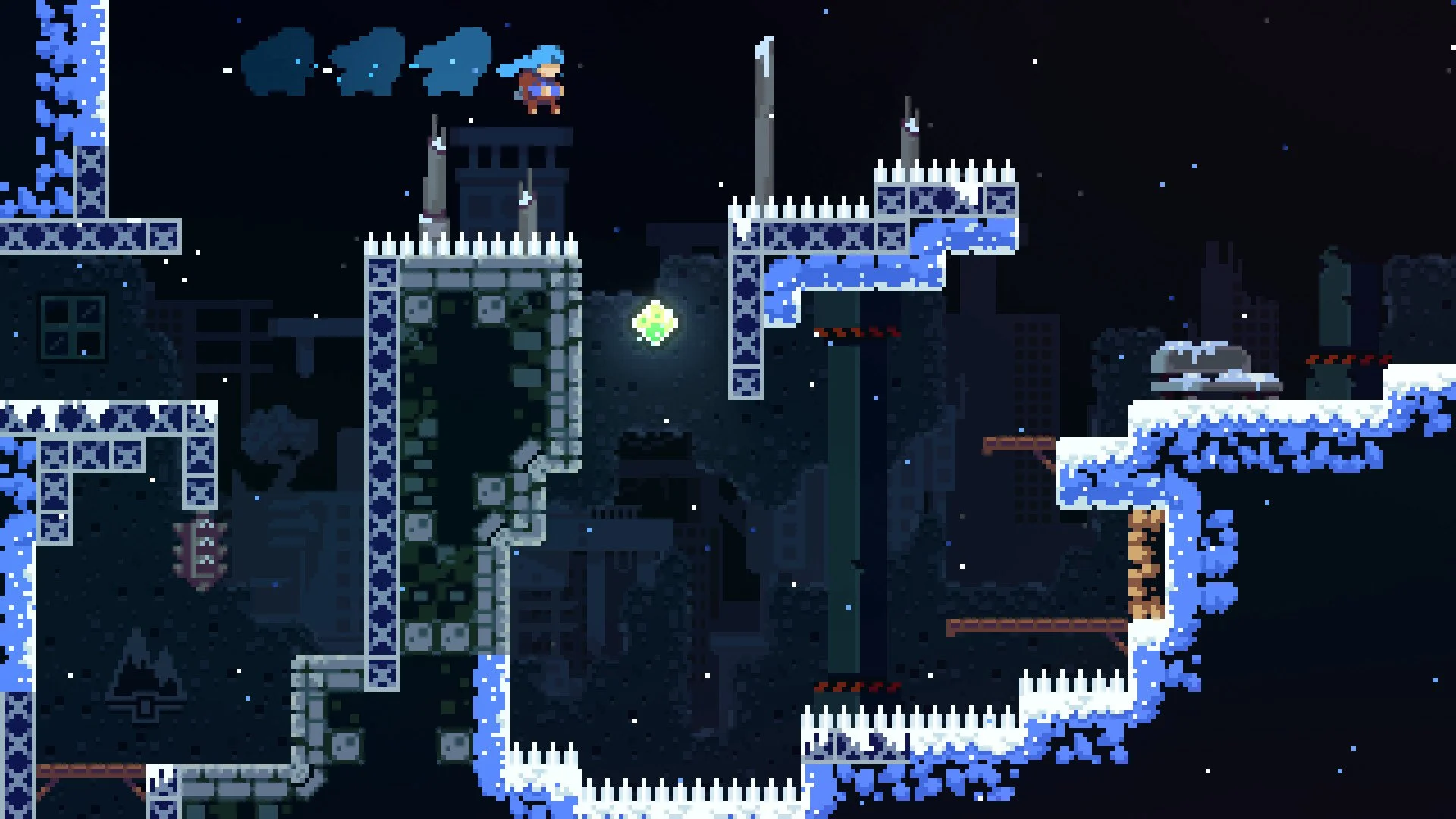 Night ice platforms over a dark city, glowing green crystal, blue-hooded climber above spikes
