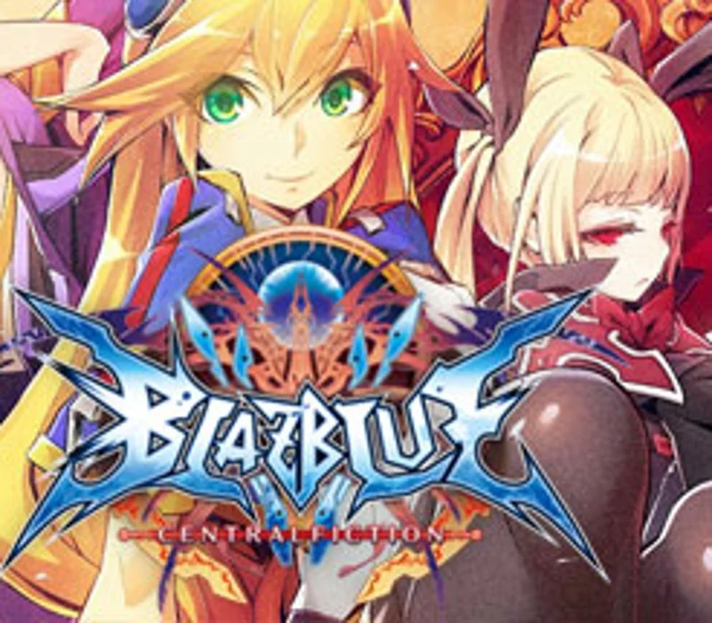 BlazBlue Centralfiction cover, blonde green-eyed girl in blue beside a blonde bunny-eared girl in black, blue BLAZBLUE CENTRALFICTION logo