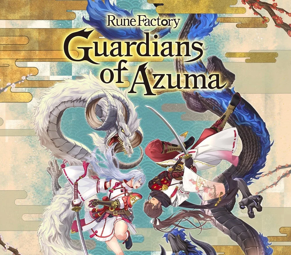 Cover: silver-haired swordswoman and brown-haired swordsman flying with a white dragon and a black dragon, Guardians of Azuma wordmark
