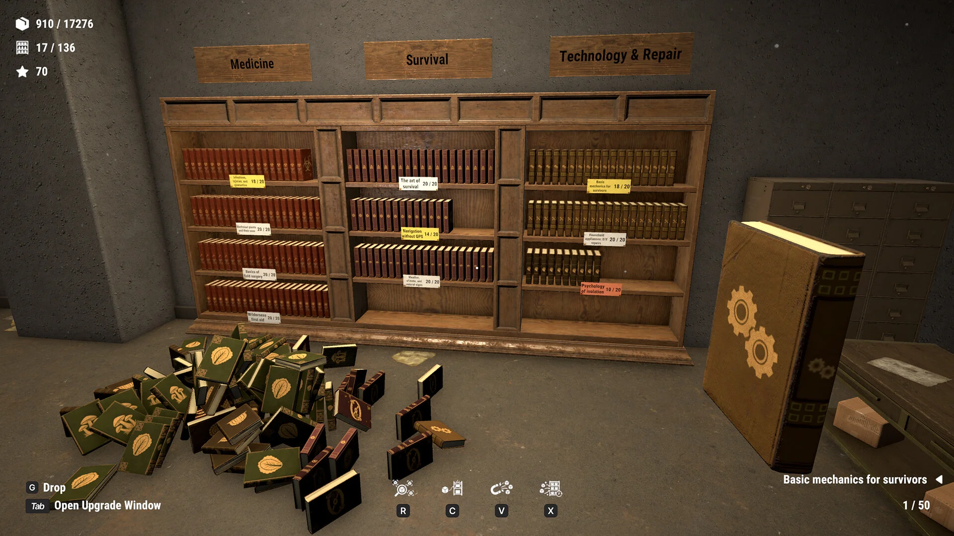 Medicine, Survival and Technology & Repair bookcases with a pile of green manuals, HUD 910/17276