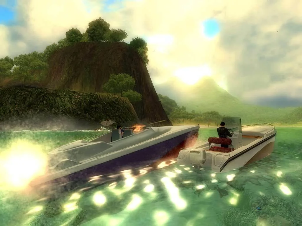 A small boat passes a tropical island.