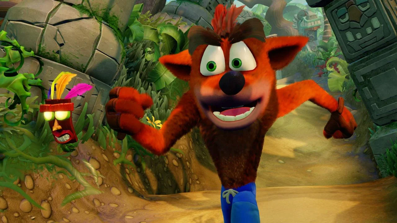 Crash grinning on a dirt temple path with Aku Aku hovering beside mossy stone ruins