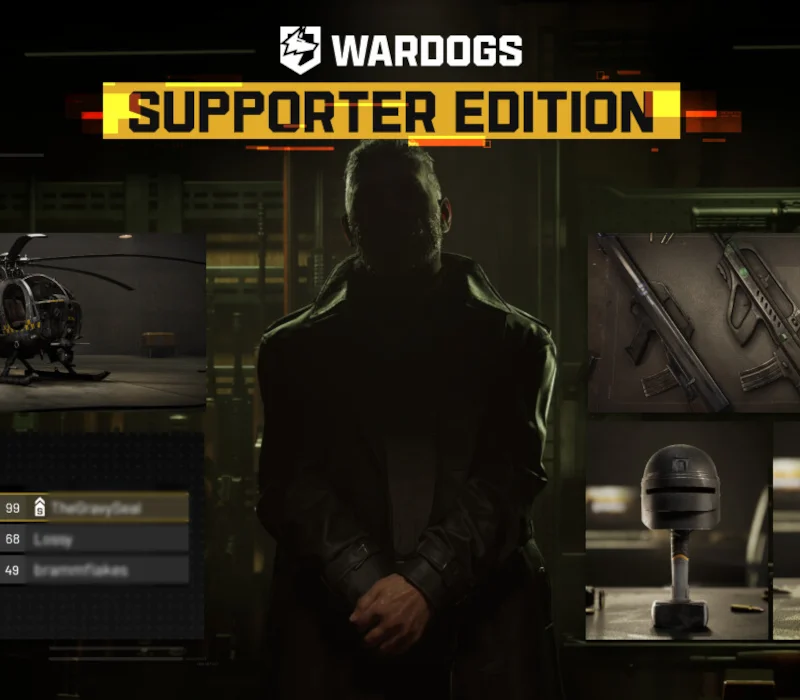 WARDOGS Supporter Edition cover: trenchcoat figure, Taxi Littlebird, rifles, helmet bobblehead