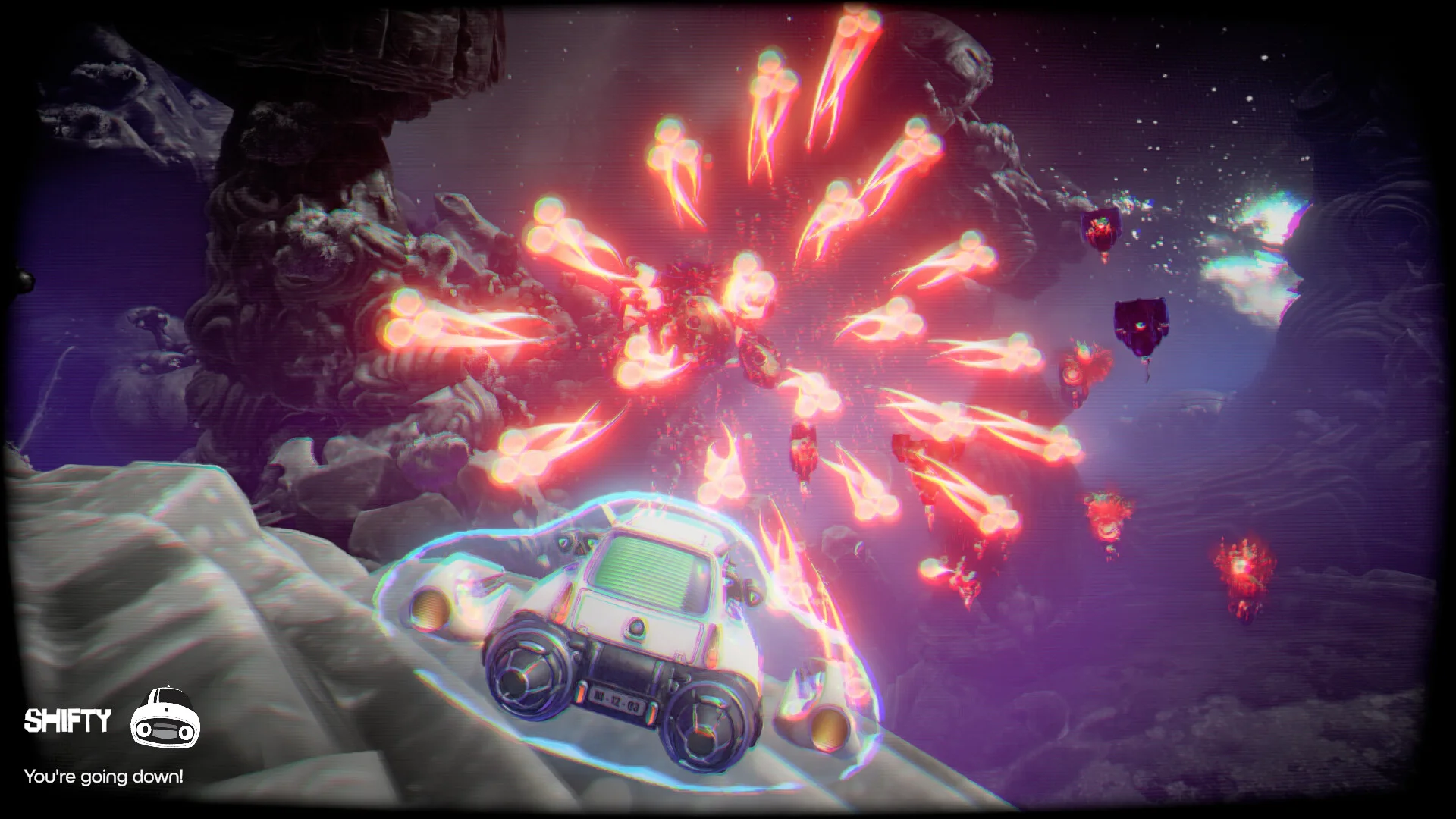 Shifty the car taunts You are going down as red fire-orbs spray across a rocky canyon
