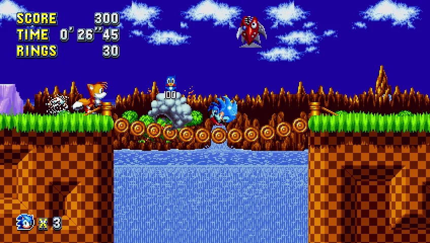 Sonic and Tails on a palm-tree hillside with a score and ring counter.