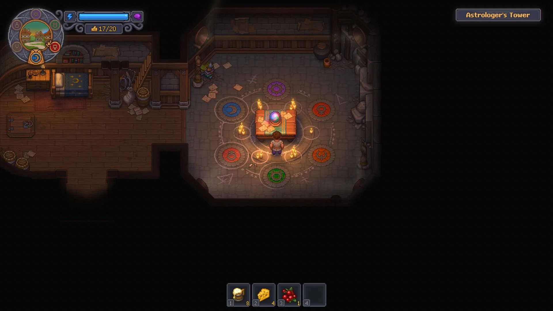 Astrologer's Tower: keeper at a candlelit ritual table with a crystal ball, cheese and berries in the hotbar