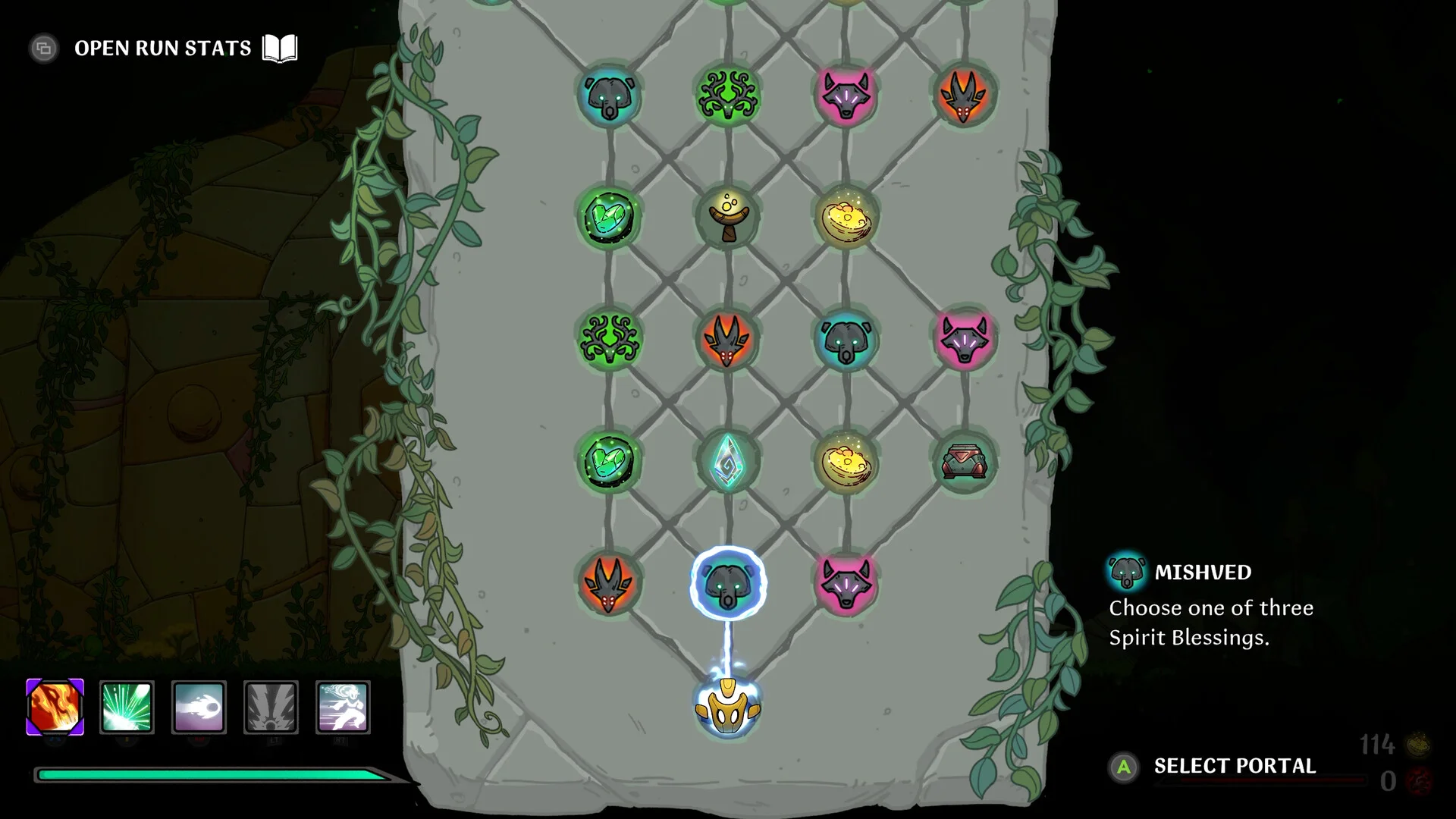 Vine-framed stone map of circular spirit icons, OPEN RUN STATS, MISHVED choose one of three Spirit Blessings, SELECT PORTAL and 114