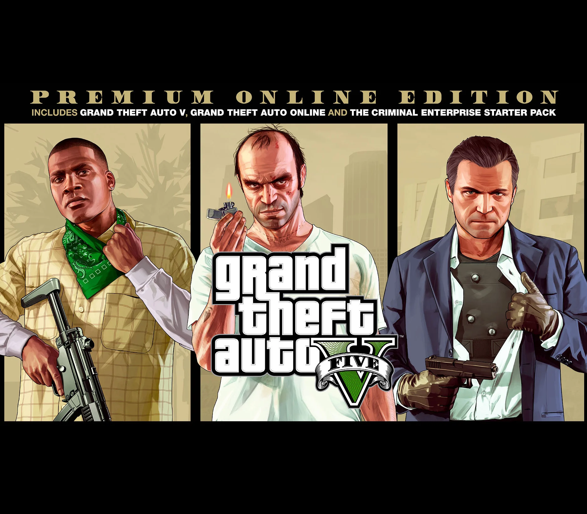 GTA V Premium Online Edition EU cover, Los Santos skyline