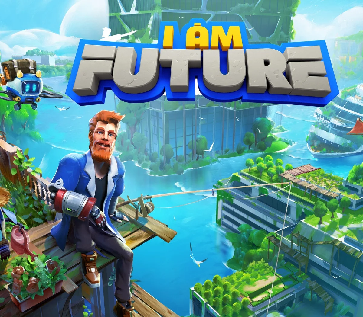 Cover, title I AM FUTURE, red-bearded man with a mechanical arm fishing from a wooden rooftop, flooded green city, blue drone at left