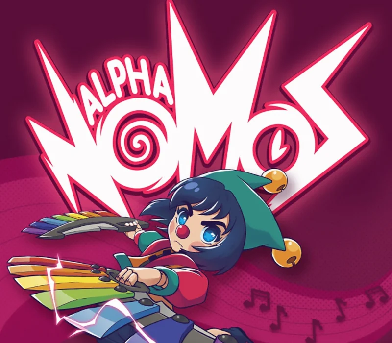 Cover, title ALPHA NOMOS in white jagged letters on magenta, girl in a green jester hat holding a rainbow cello and bow