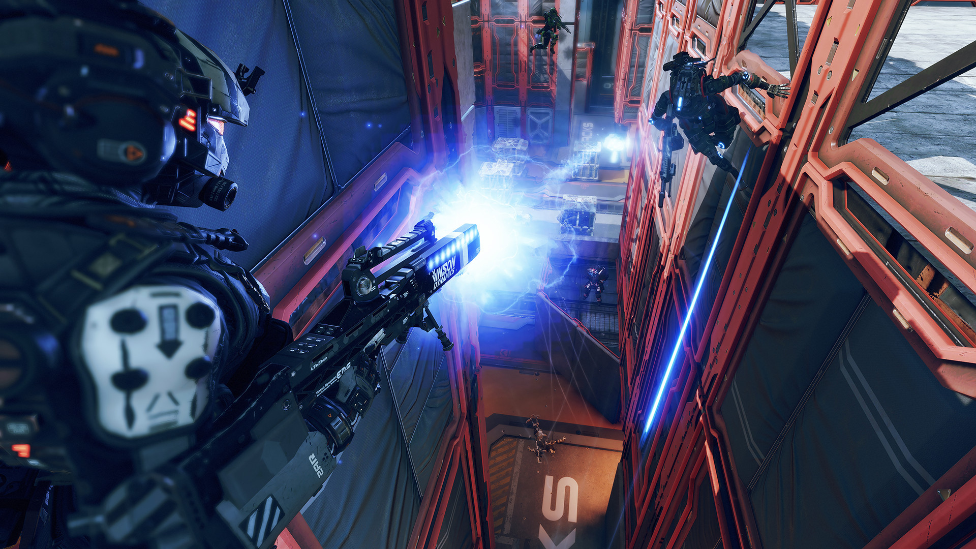 Pilot fires an energy rifle down a vertical combat shaft