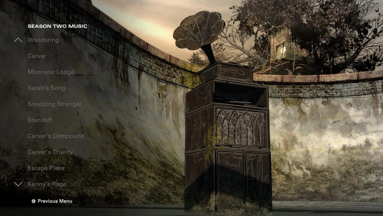 Season Two music player beside a gramophone in a walled courtyard