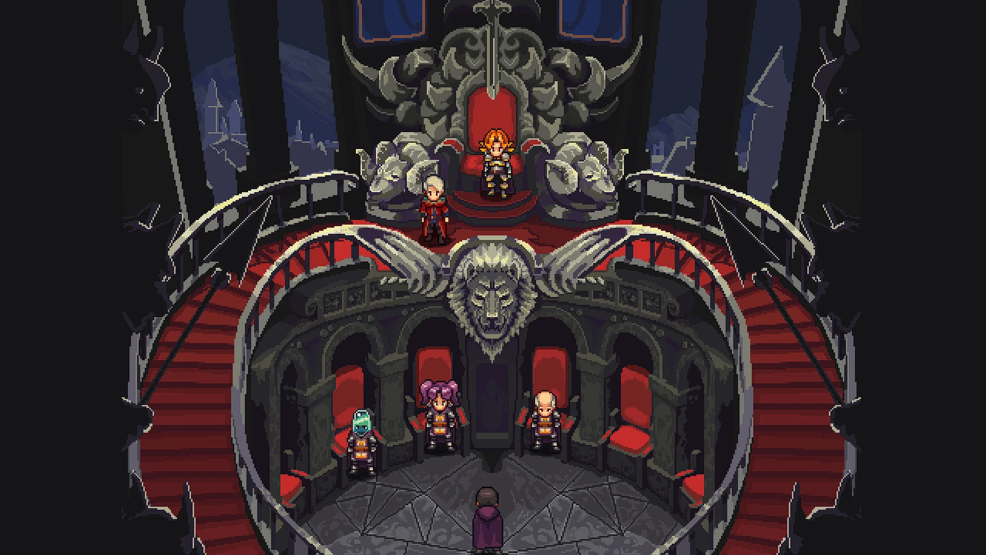 Throne hall with red stairs, a stone lion head, four red chairs below and two figures on the dais, one seated on a high throne