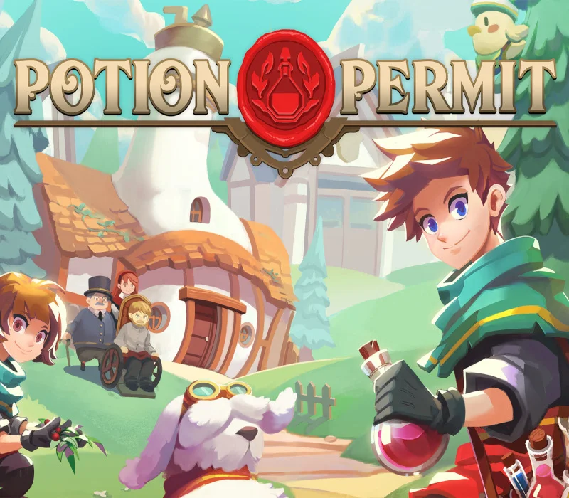 Logo Potion Permit z woskową pieczęcią nad chemikiem z różową flaszką, białym psem w goglach, chatą z strzechą i mieszkańcami na trawie
