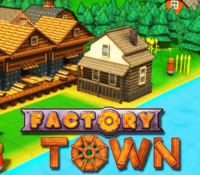 Factory Town cover: log mill, porch house by blue water, FACTORY TOWN wooden wheel title