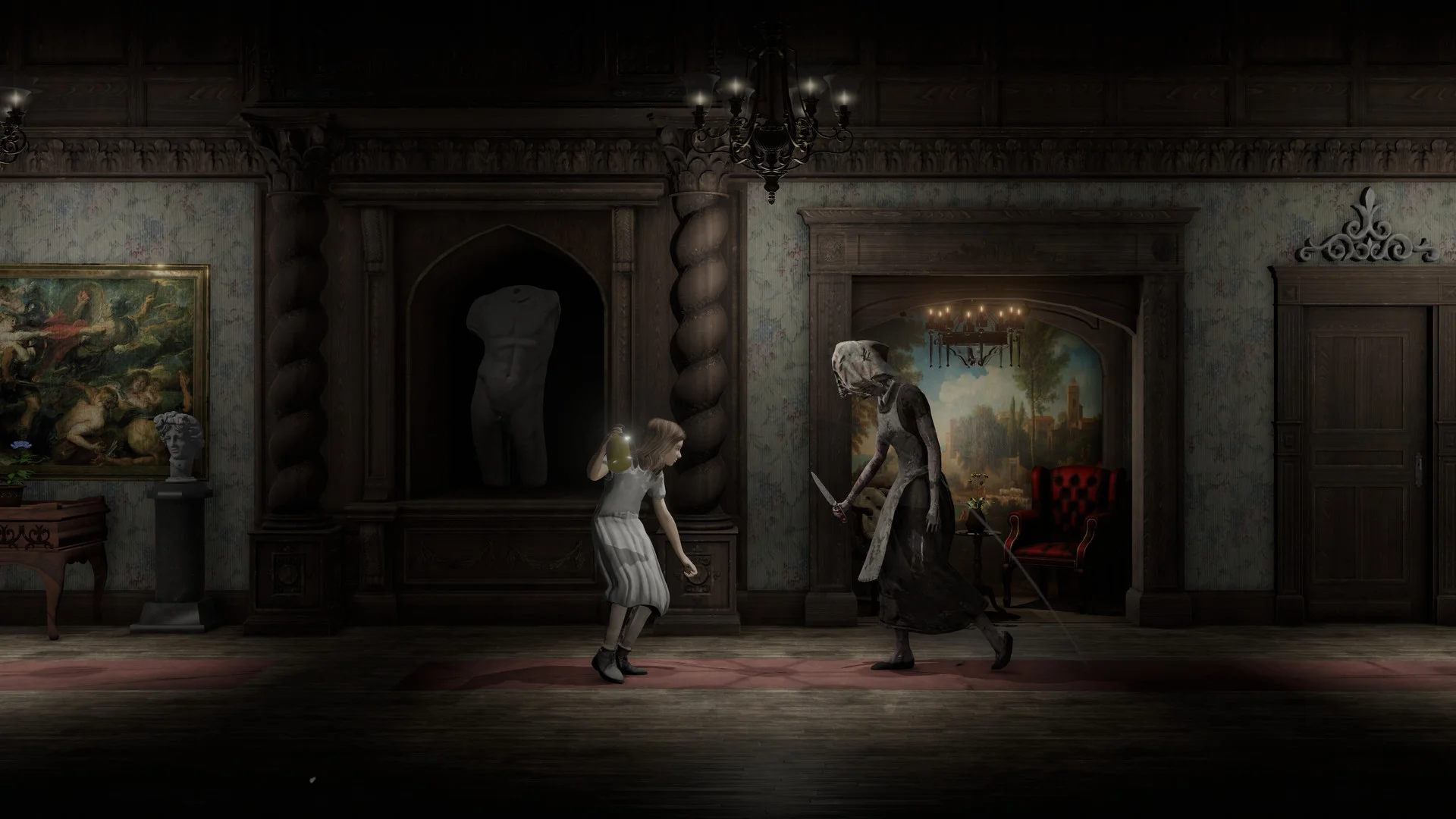 A girl and a man in a hallway; a red sign hangs ahead.