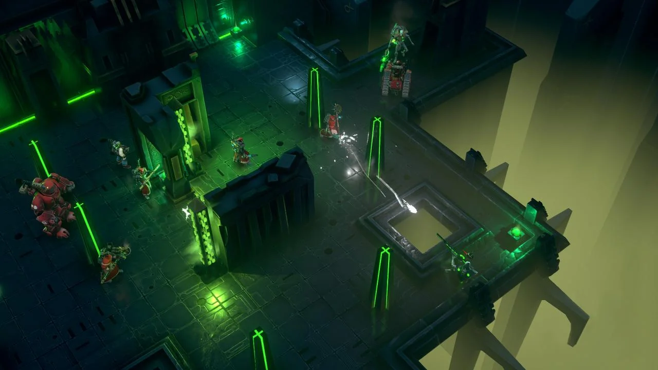 Kastelan robot and Skitarii fighting Necrons beside glowing green pit