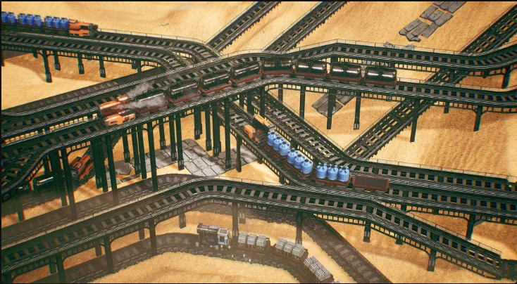 RAILGRADE factory chain linking plants on a puzzle map