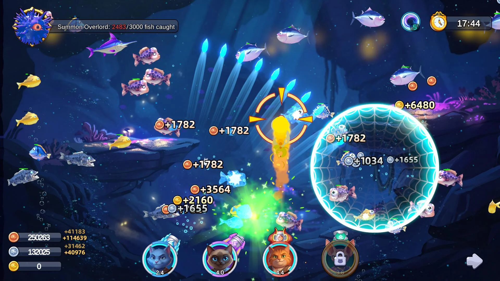 Underwater fishing round with many fish, reward values and a glowing circular net