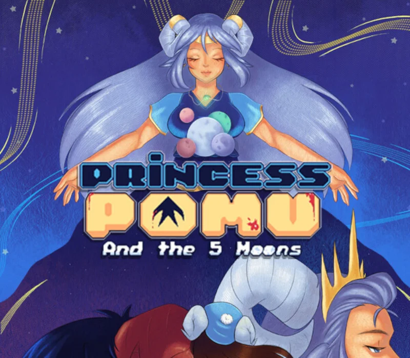 Cover, title PRINCESS POMU And the 5 Moons, goat-horned woman with five moons on her chest, two fallen figures below