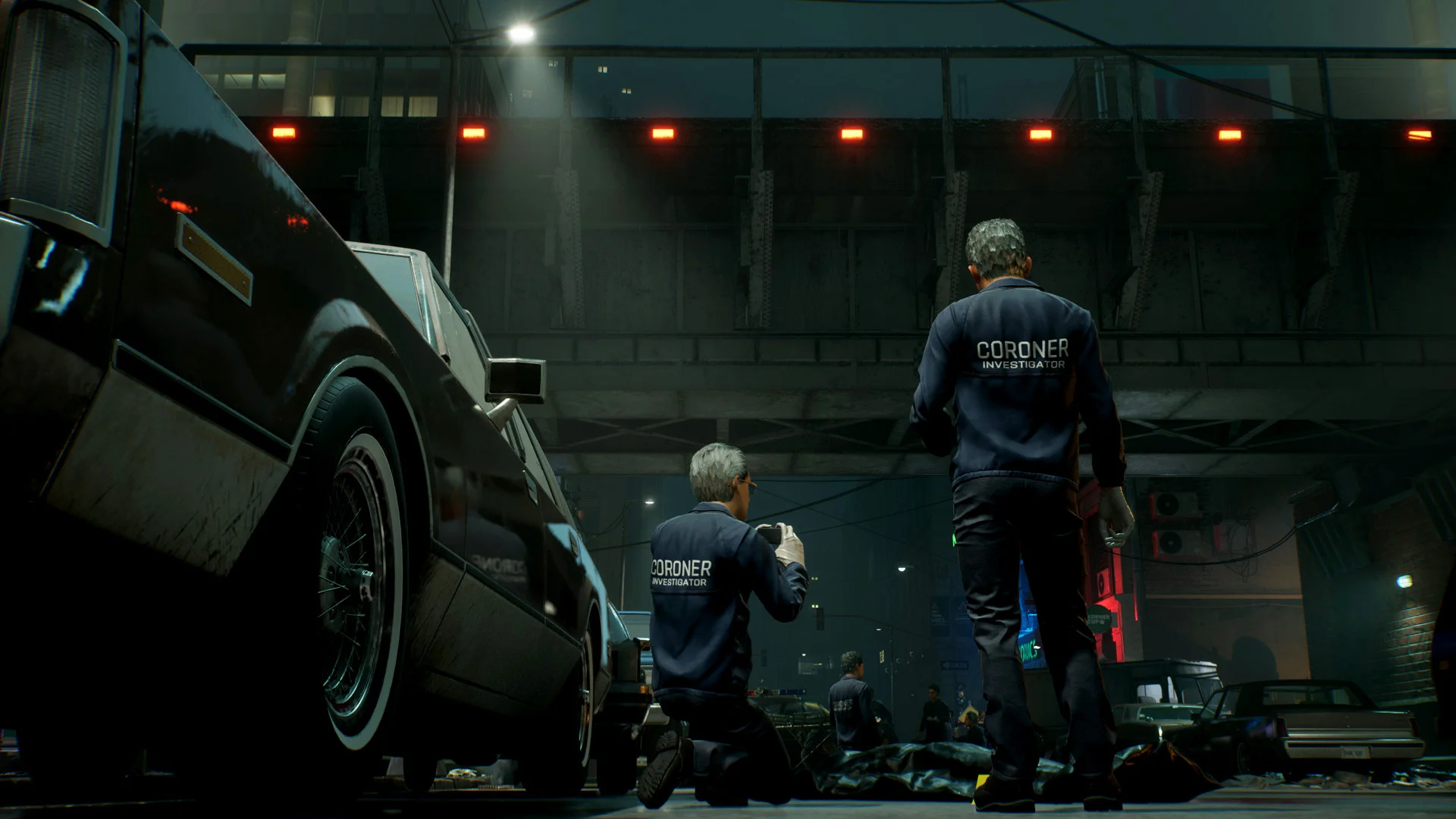 Two officers beside an overturned police car in an alley.