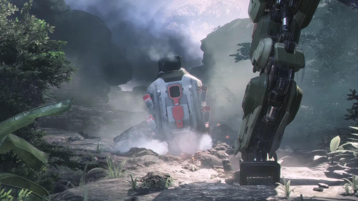 Titanfall 2 Pilot wall-running above a Frontier dropship